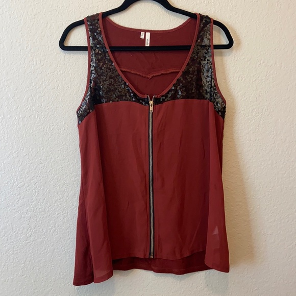 Maroon Zip Up Tank with Black Mesh and Sequences - Picture 1 of 4